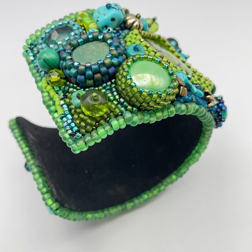 LARGE Beaded Turquoise Boho Cuff Bracelet Adjustable Statement Chunky Bracelet - Picture 11 of 17